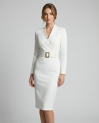 White belted midi dress with long sleeves and V-neck, square buckle waist belt