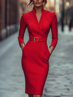 Red belted midi dress with long sleeves and V-neck, fitted waist with square buckle