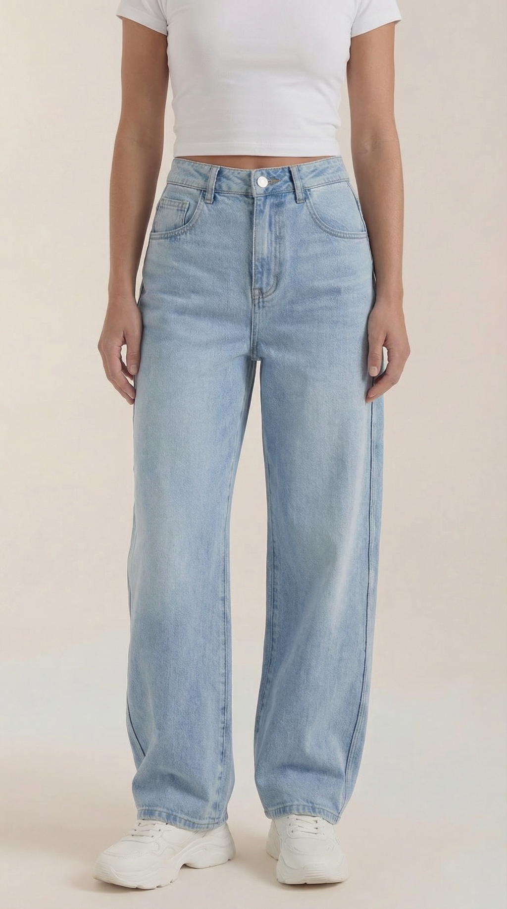 Light blue wide-leg jeans, front view with button and center seam detail