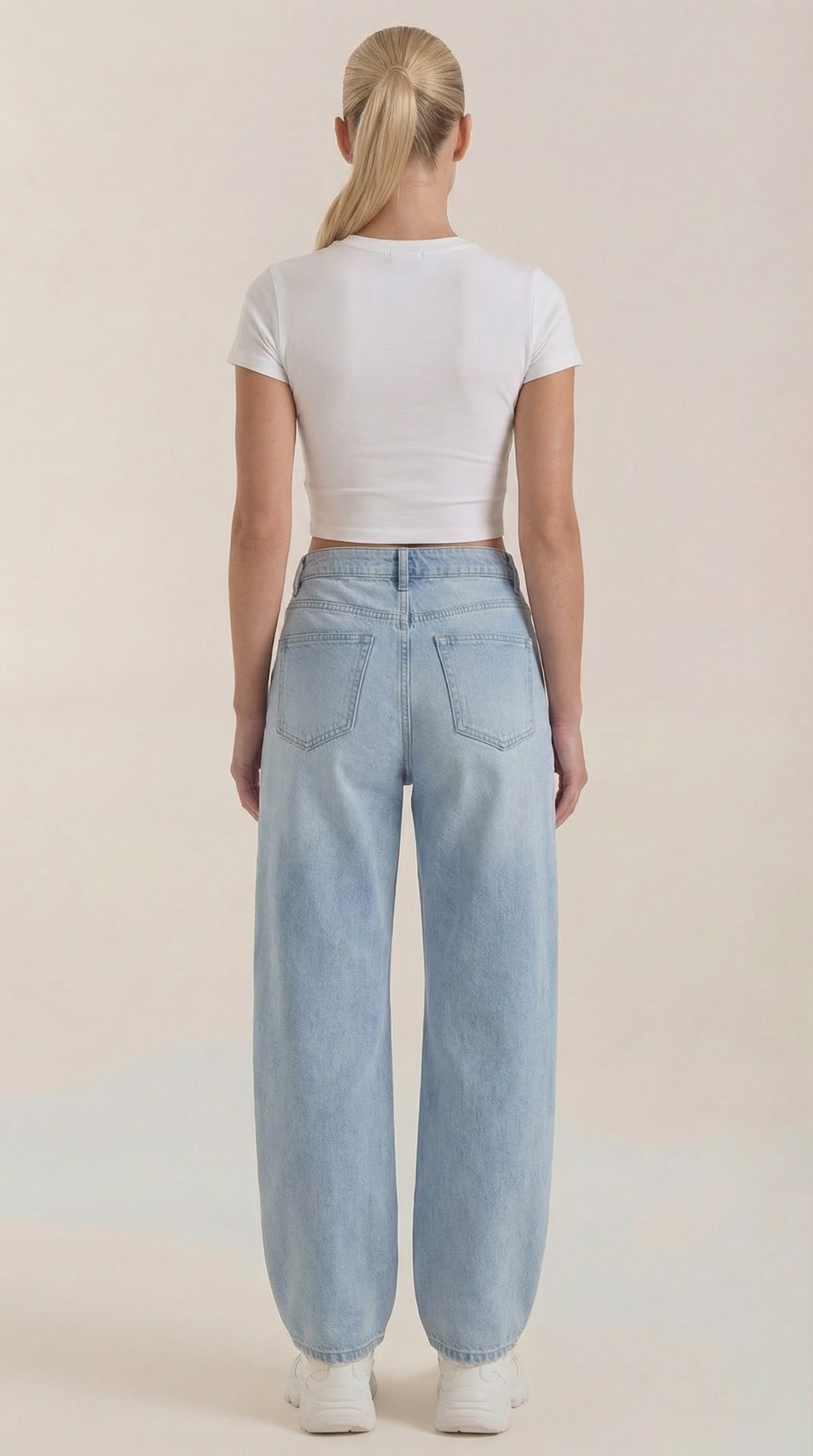 Light blue wide-leg jeans, back view with two back pockets and belt loops
