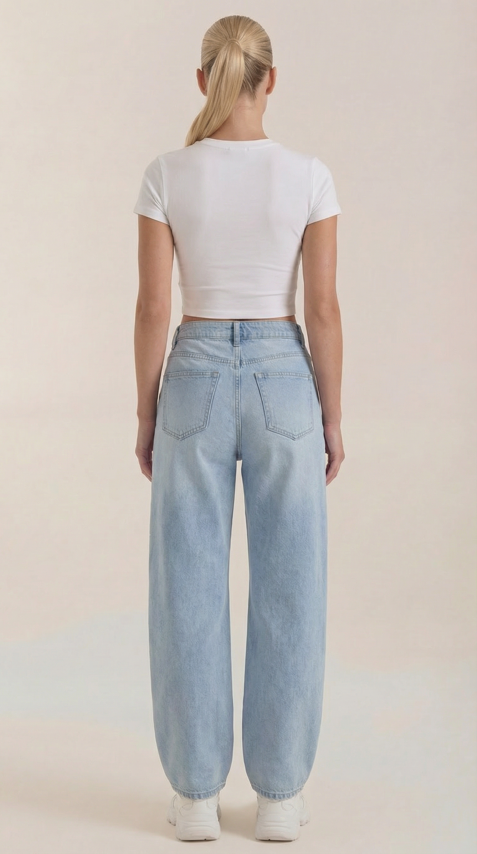 Light blue wide-leg jeans, back view with two back pockets and belt loops