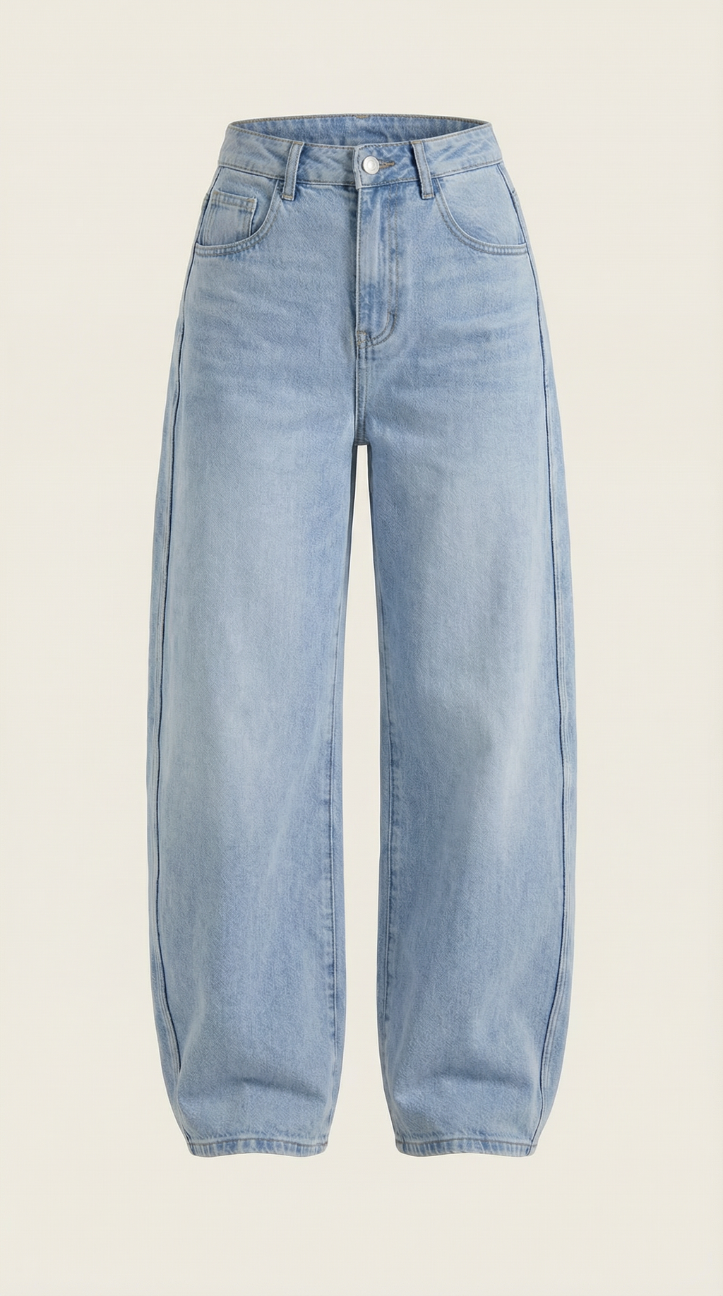 Light blue wide-leg jeans, flat lay front view with button closure and pockets