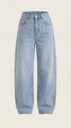 Light blue wide-leg jeans, flat lay front view with button closure and pockets