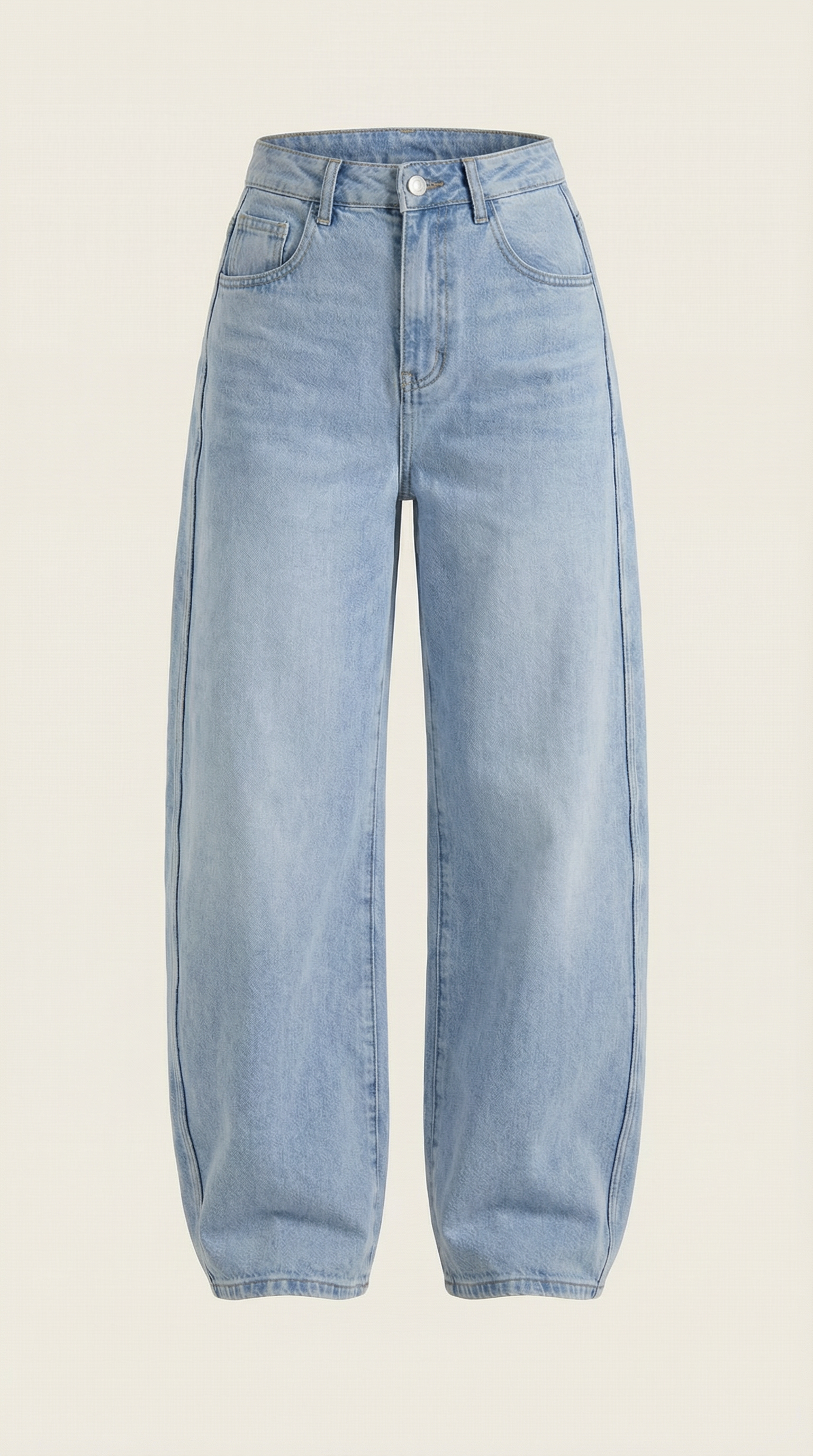 Light blue wide-leg jeans, flat lay front view with button closure and pockets