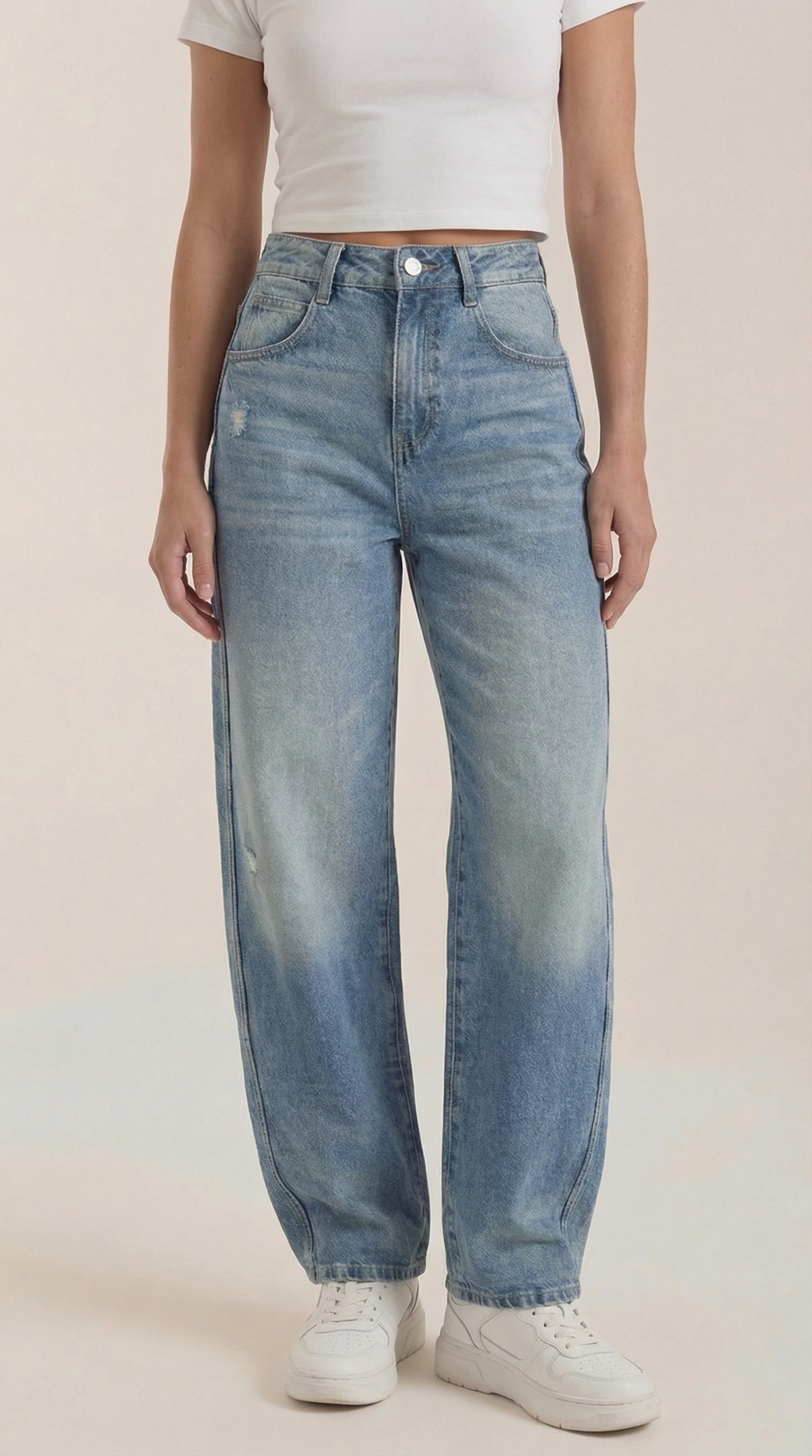 Light blue wide-leg jeans, close-up front view with button, pockets, and seams