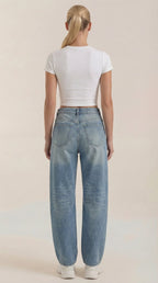 Light blue wide-leg jeans, back view with button-back yoke and two pockets