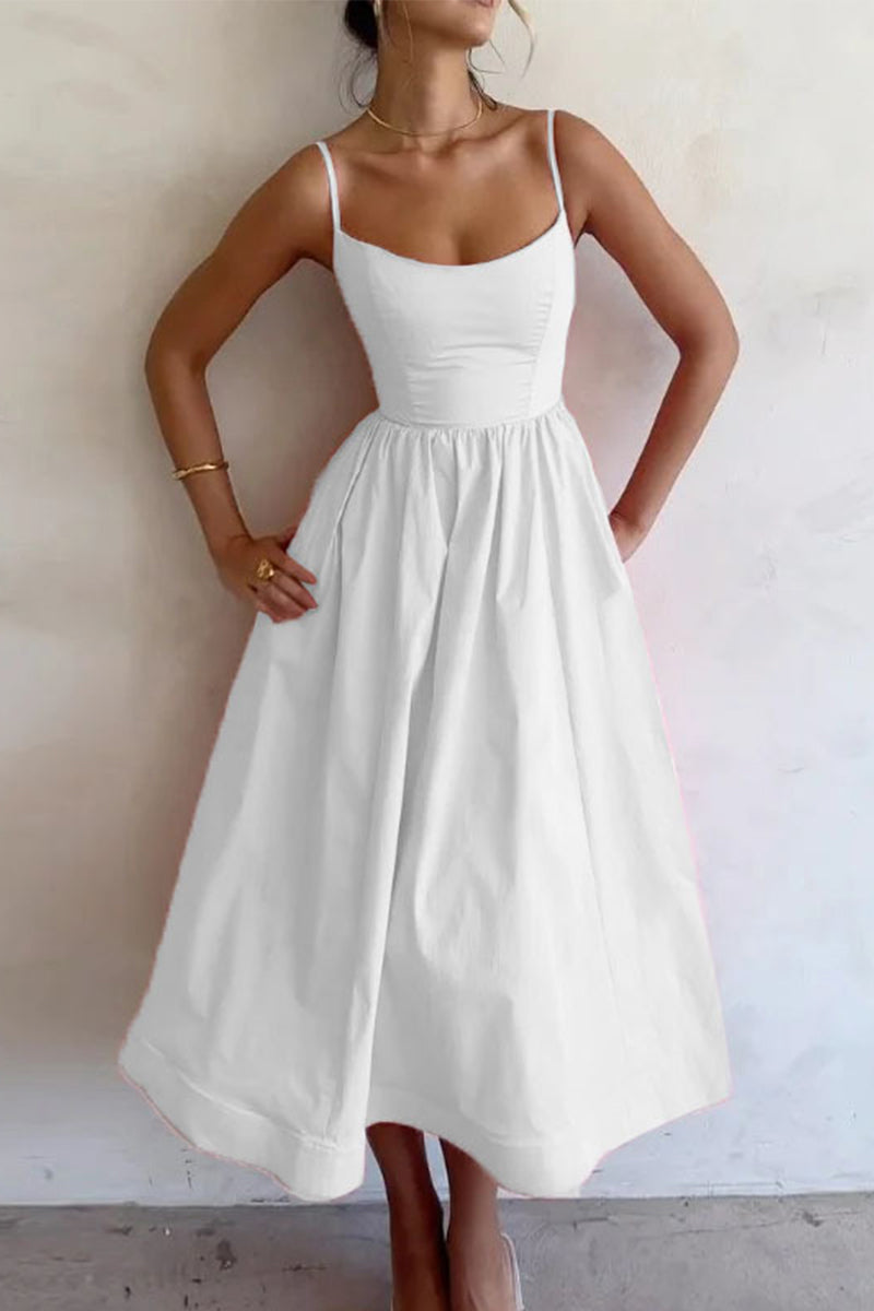 White fit-and-flare midi dress with thin straps and gathered waist
