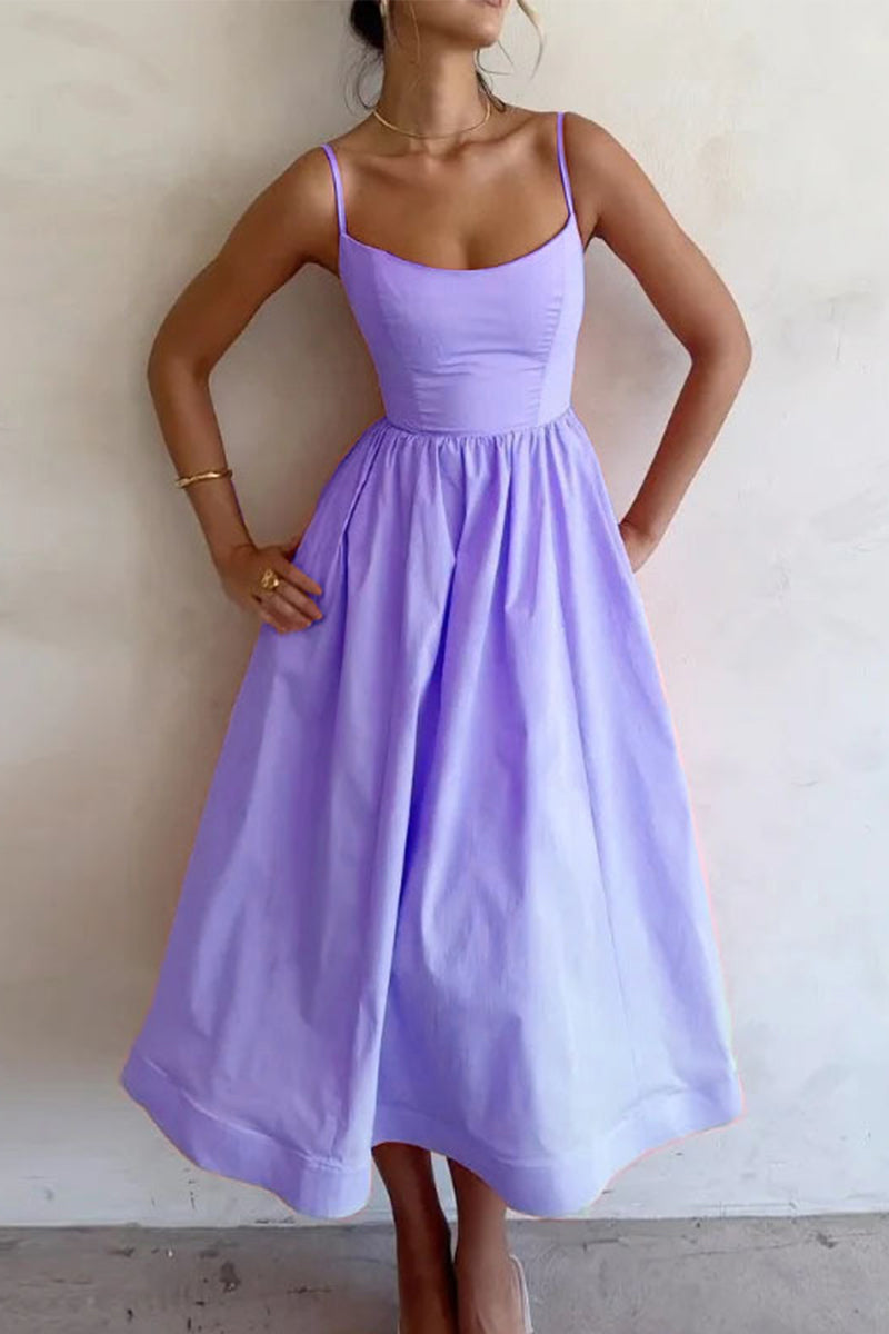 Purple fit-and-flare midi dress with thin straps and gathered skirt at waist