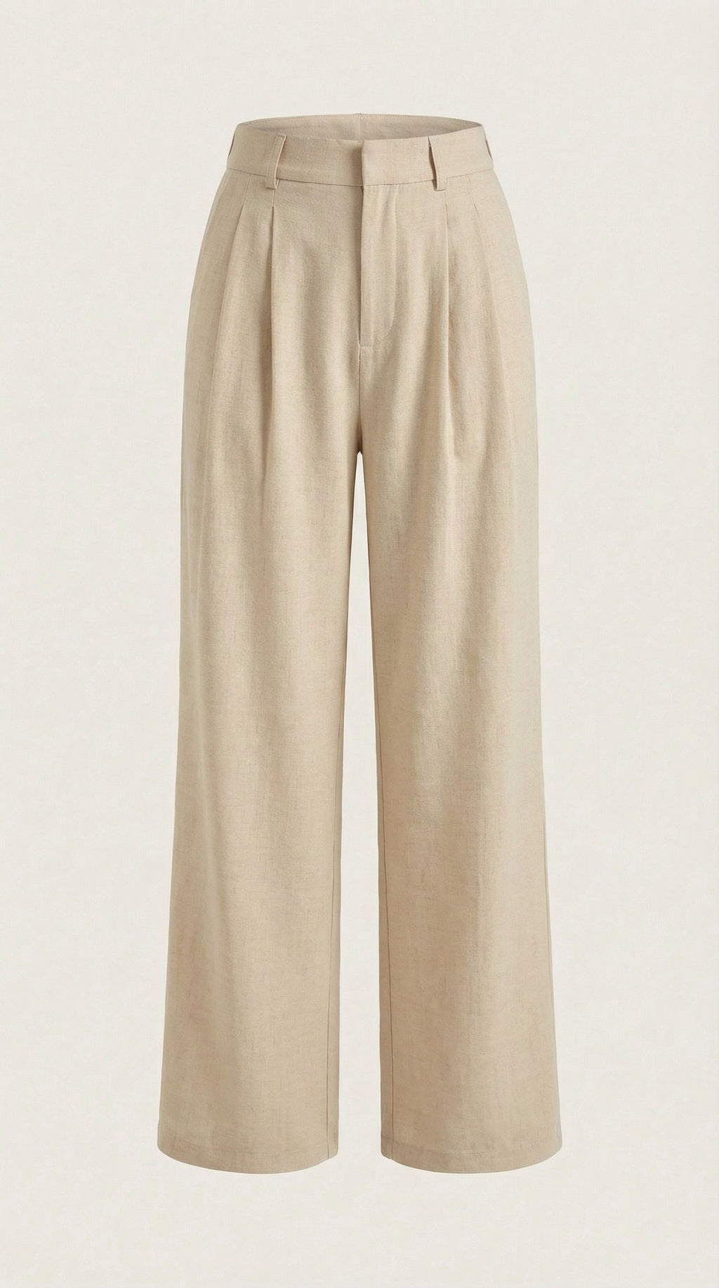 Beige pleated high-rise wide-leg pants, front view with flat lay waistband.