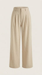 Beige pleated high-rise wide-leg pants, front view with flat lay waistband.