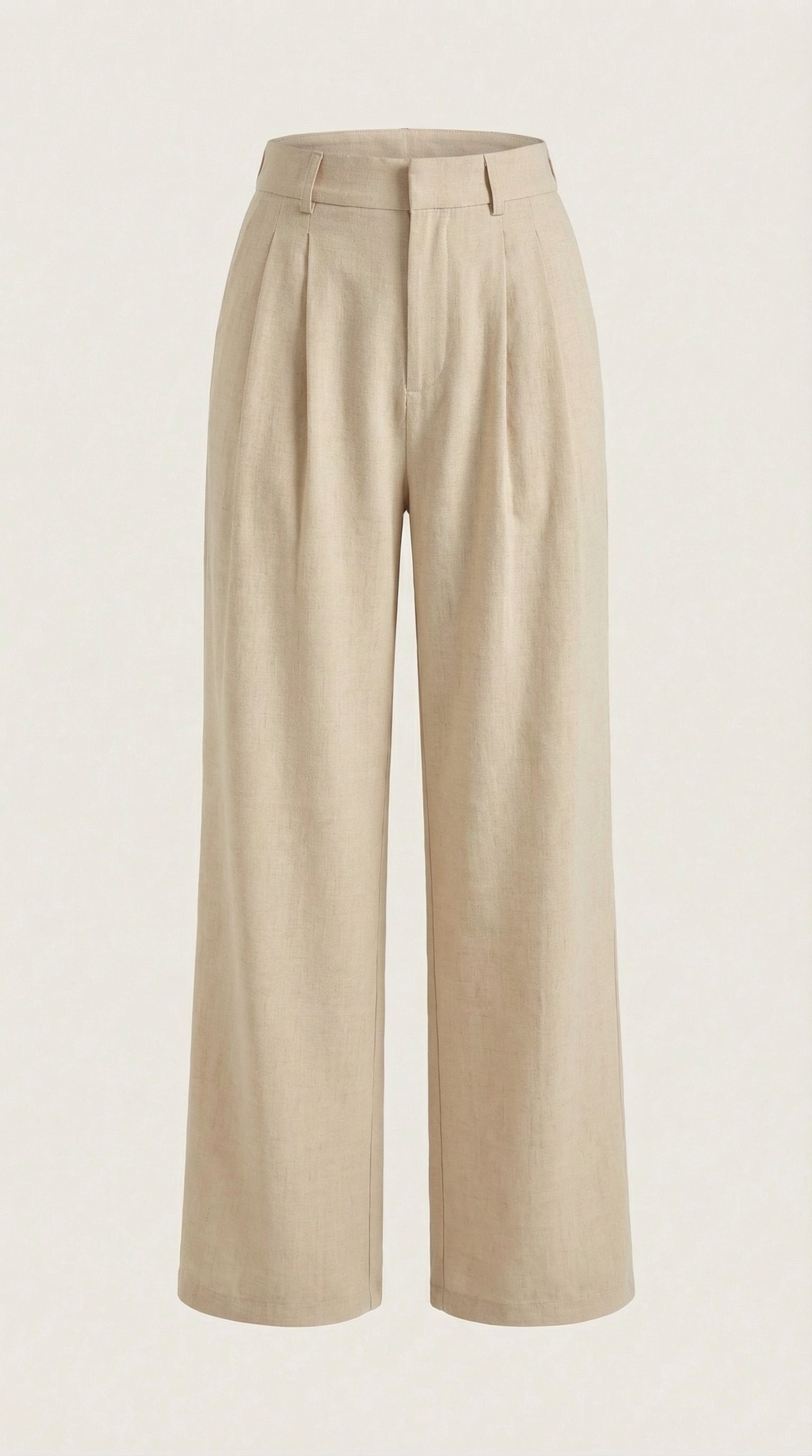 Beige pleated high-rise wide-leg pants, front view with flat lay waistband.
