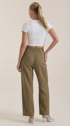 Dark green high-rise pleated wide-leg pants with gathered waistband