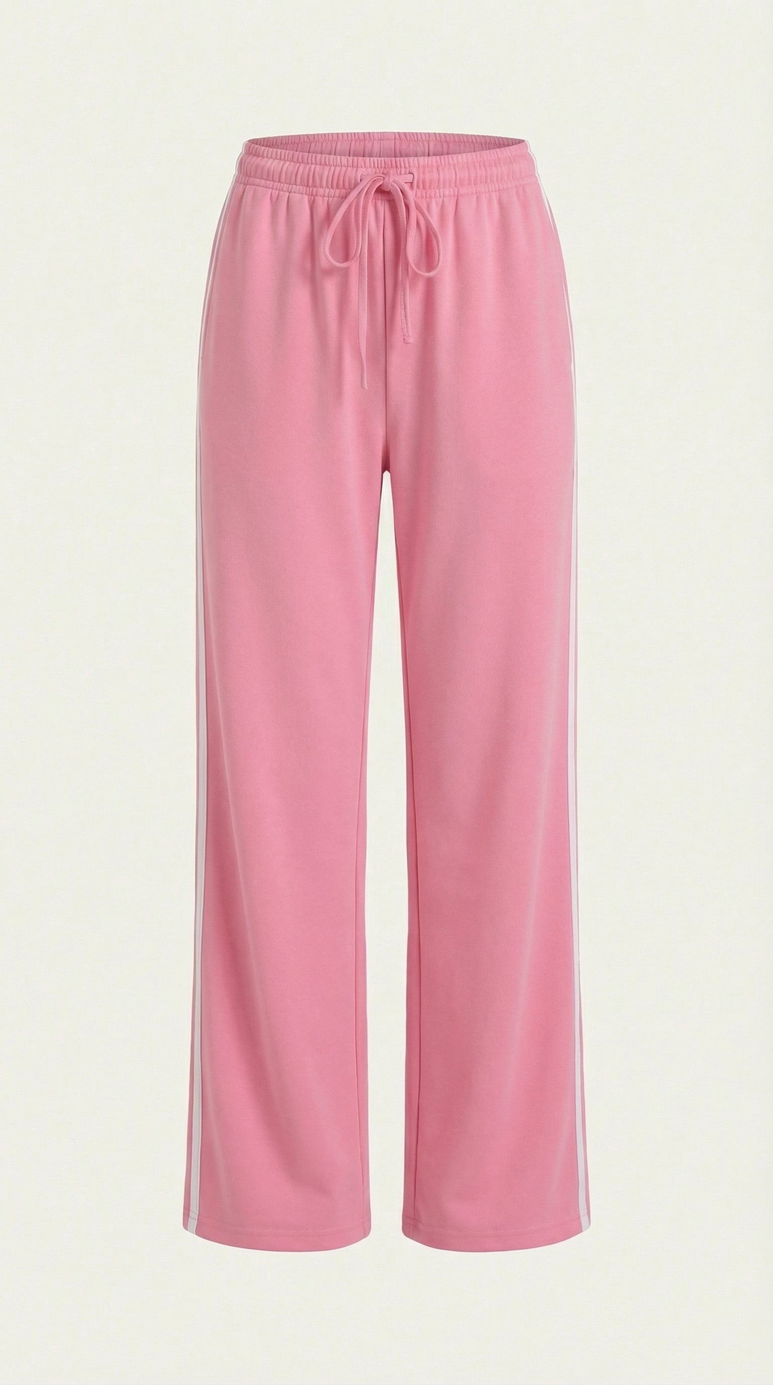 Women's pink wide-leg track pants with elastic drawstring waist and side stripes.