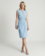 Light blue sleeveless ruched midi sheath dress with keyhole neckline