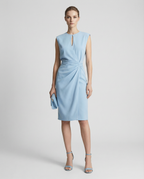 Light blue sleeveless midi sheath dress with gathered waist and keyhole neckline