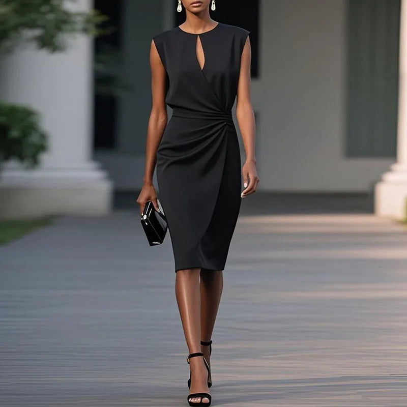 Black sleeveless ruched midi sheath dress with keyhole neckline