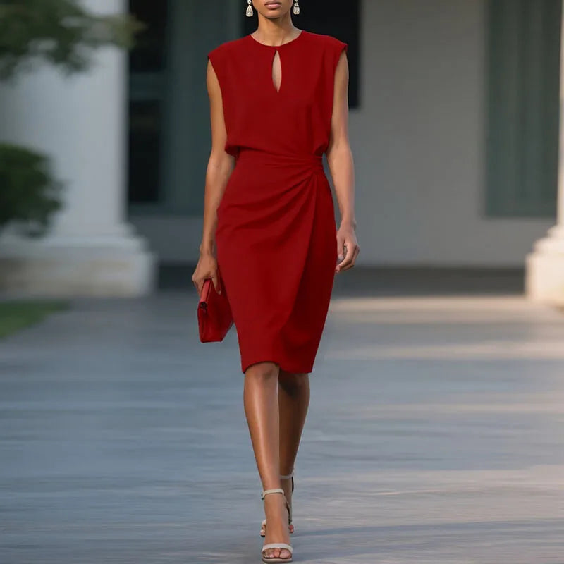 Red sleeveless ruched midi sheath dress with keyhole neckline