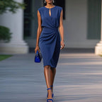Blue sleeveless ruched sheath midi dress with high waist and twist front