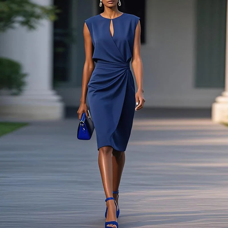 Blue sleeveless ruched sheath midi dress with high waist and twist front