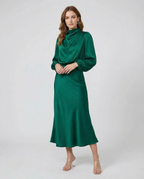 Dark green satin cowl neck midi dress with long sleeves and cinched waist