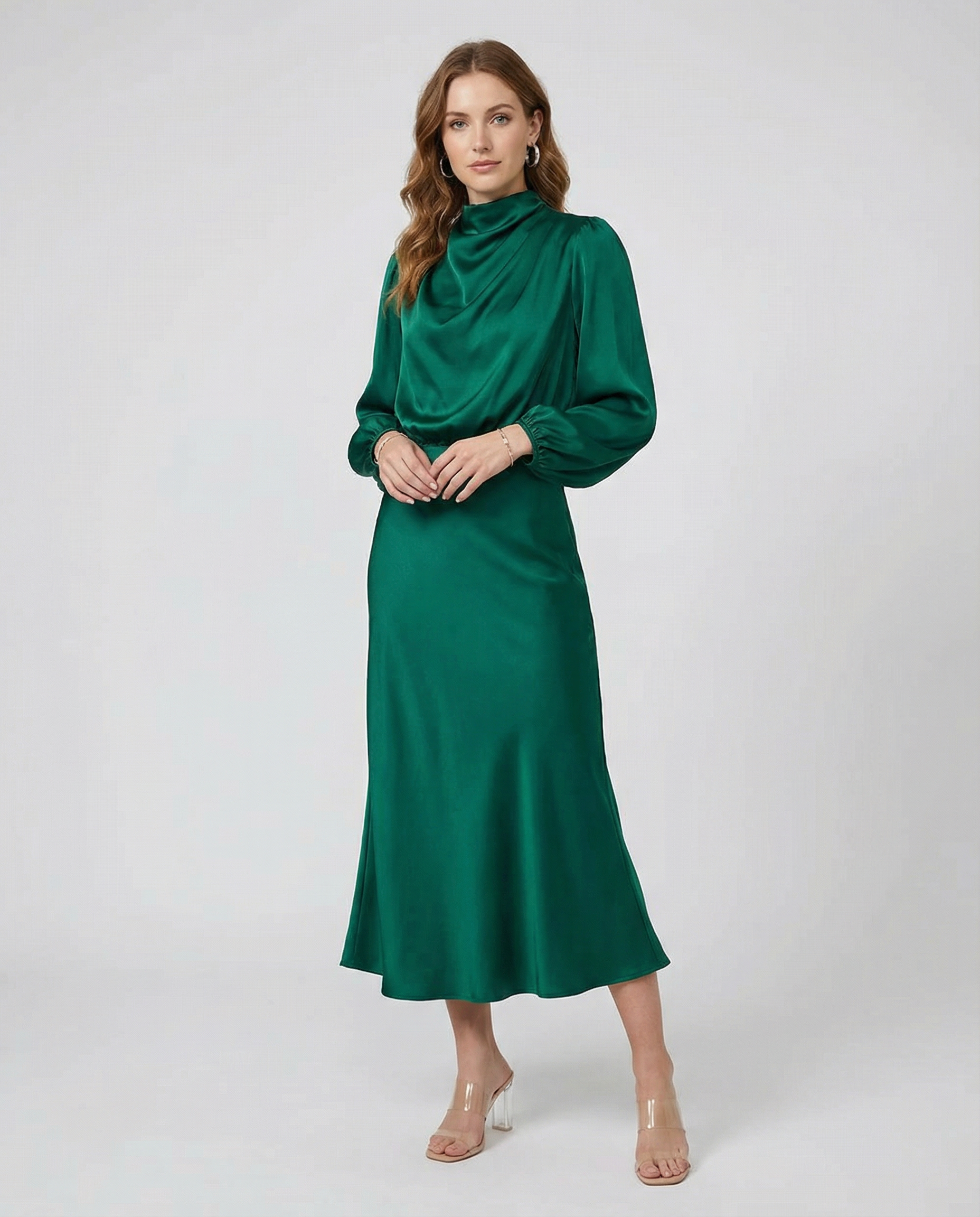 Dark green satin cowl neck midi dress with long sleeves and cinched waist