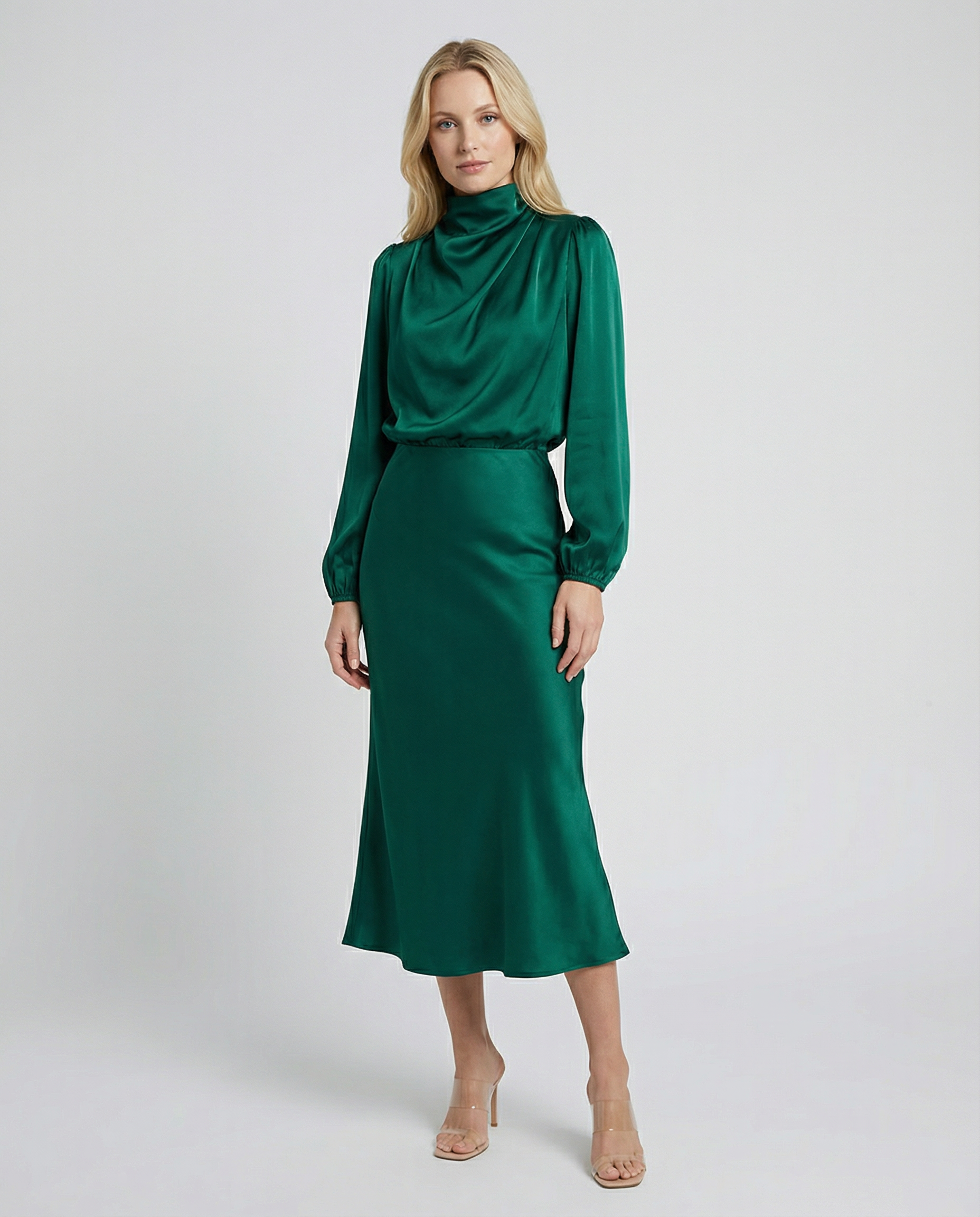 Dark green satin cowl neck midi dress with long puff sleeves and midi length hem