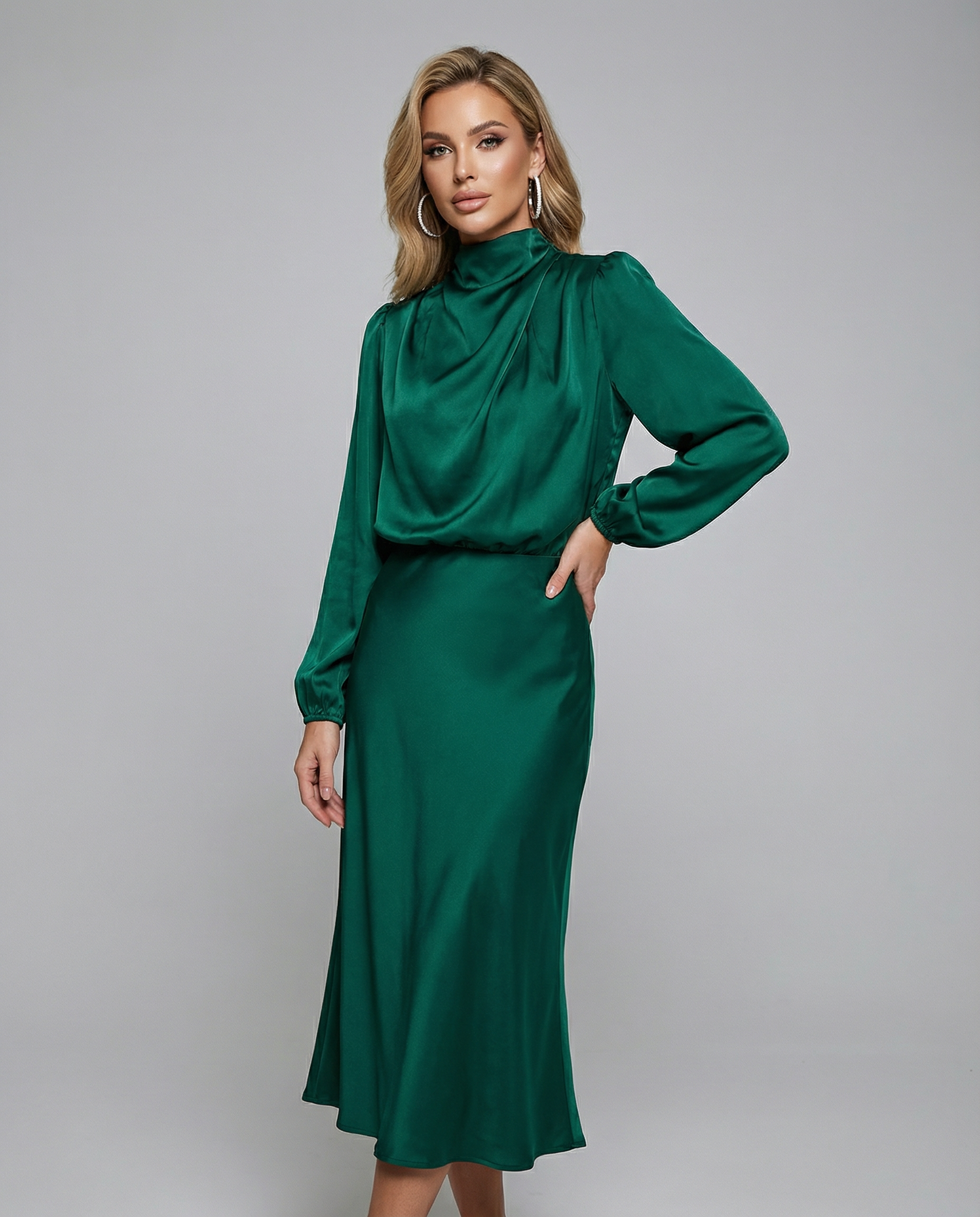 Dark green satin cowl neck midi dress with long sleeves and gathered waist