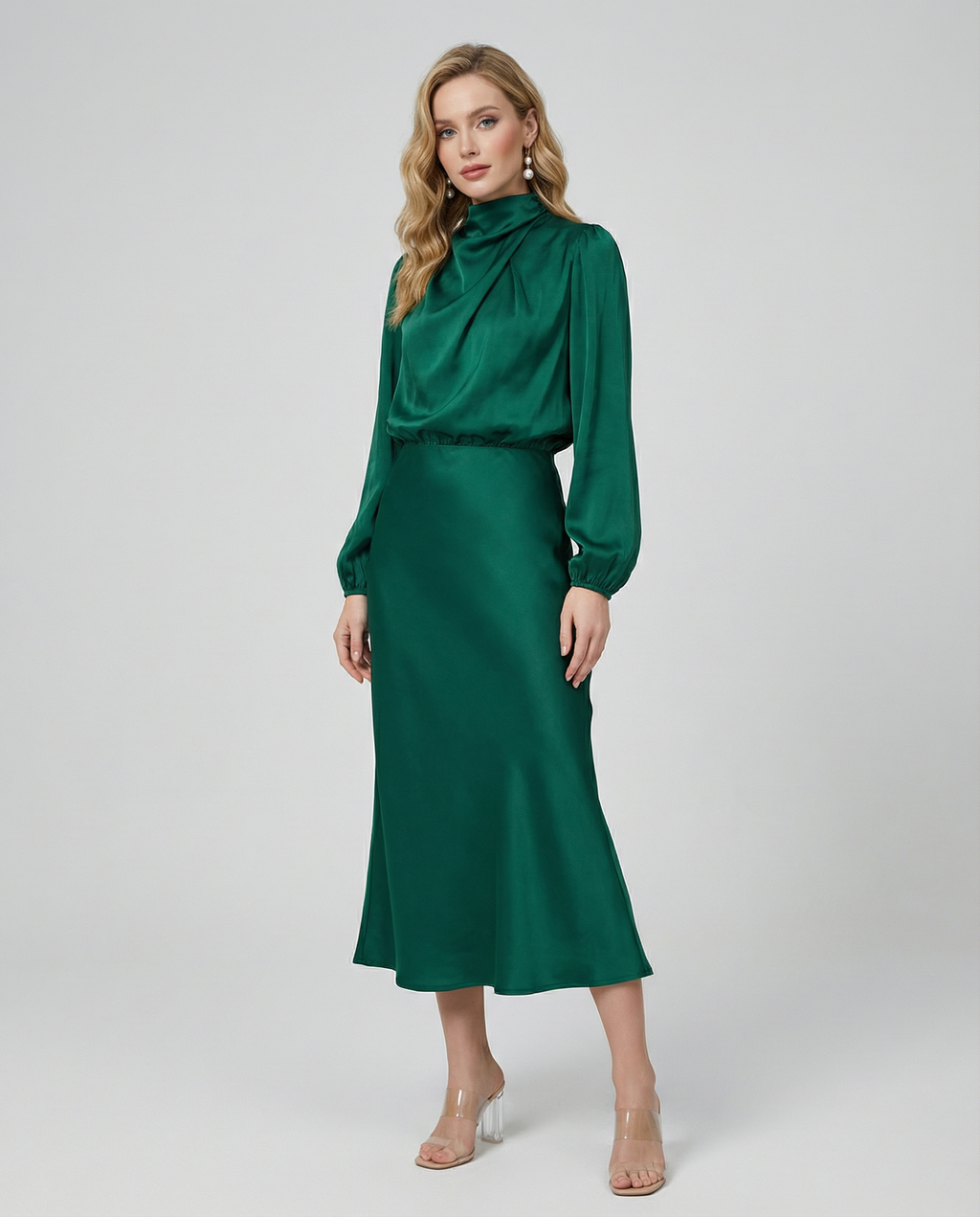 Dark green satin cowl neck midi dress with long sleeves, fitted bodice