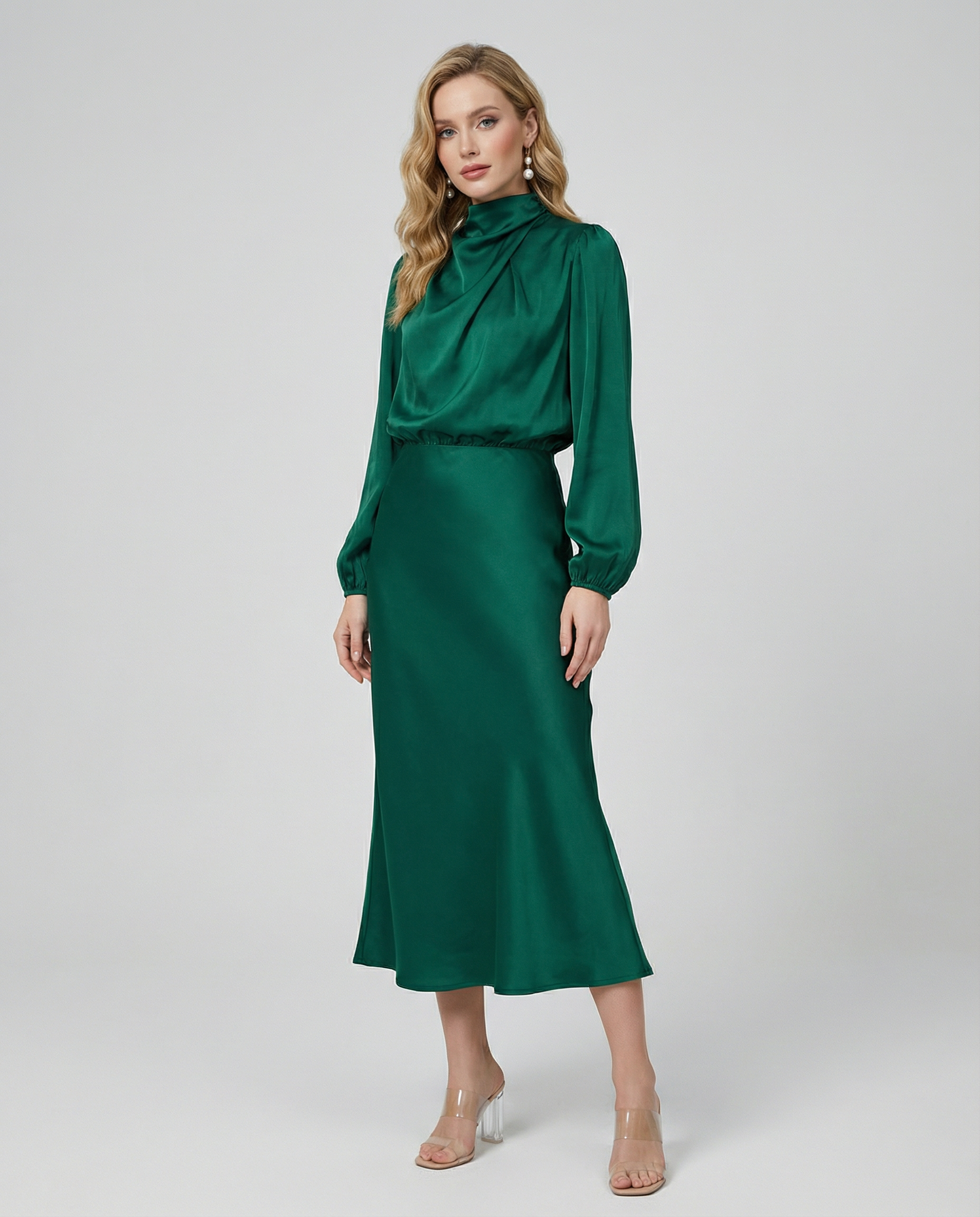 Dark green satin cowl neck midi dress with long sleeves, fitted bodice