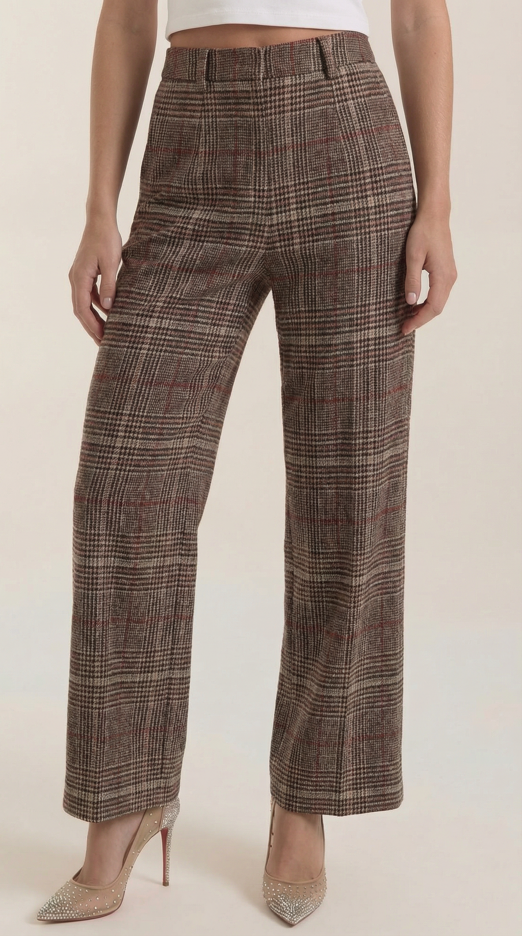 Women's brown plaid high-waisted wide-leg trousers, front view, belt loops