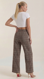Women's brown plaid high-waisted wide-leg trousers, back view