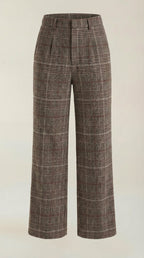 Women's brown plaid high-waisted wide-leg trousers with belt loops and back pockets