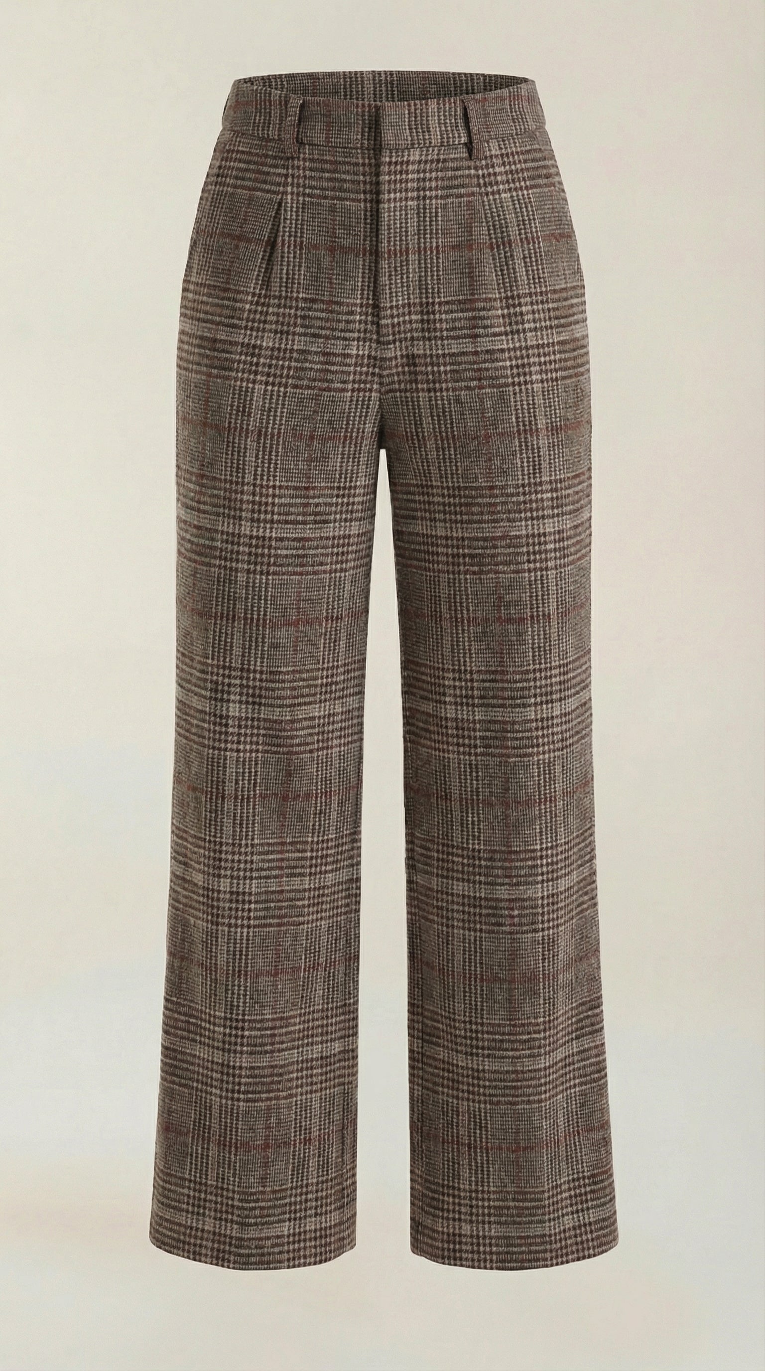 Women's brown plaid high-waisted wide-leg trousers with belt loops and back pockets