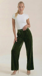 Green velvet wide-leg pants with high-rise elastic waistband