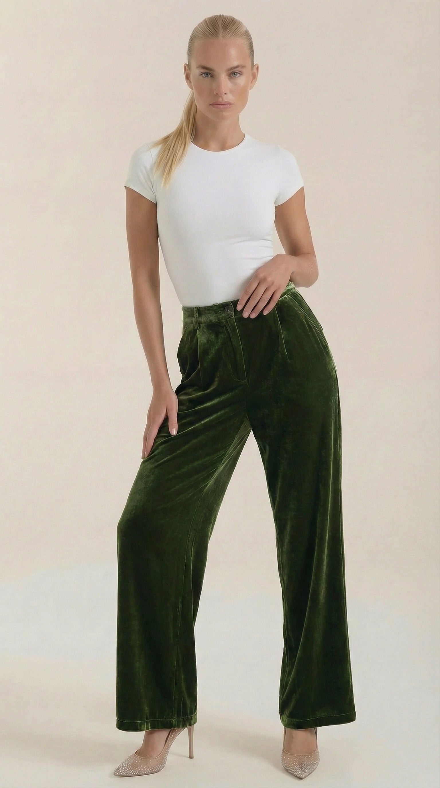 Green velvet wide-leg pants with high-rise elastic waistband