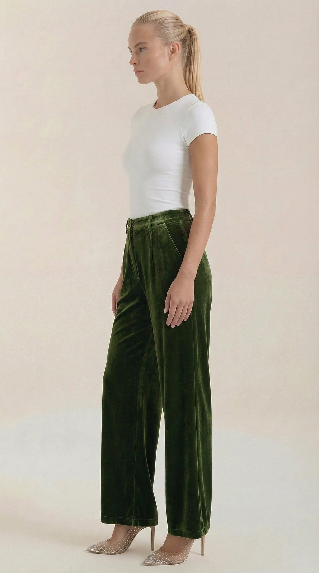 Green velvet wide-leg pants with relaxed fit and elastic waistband