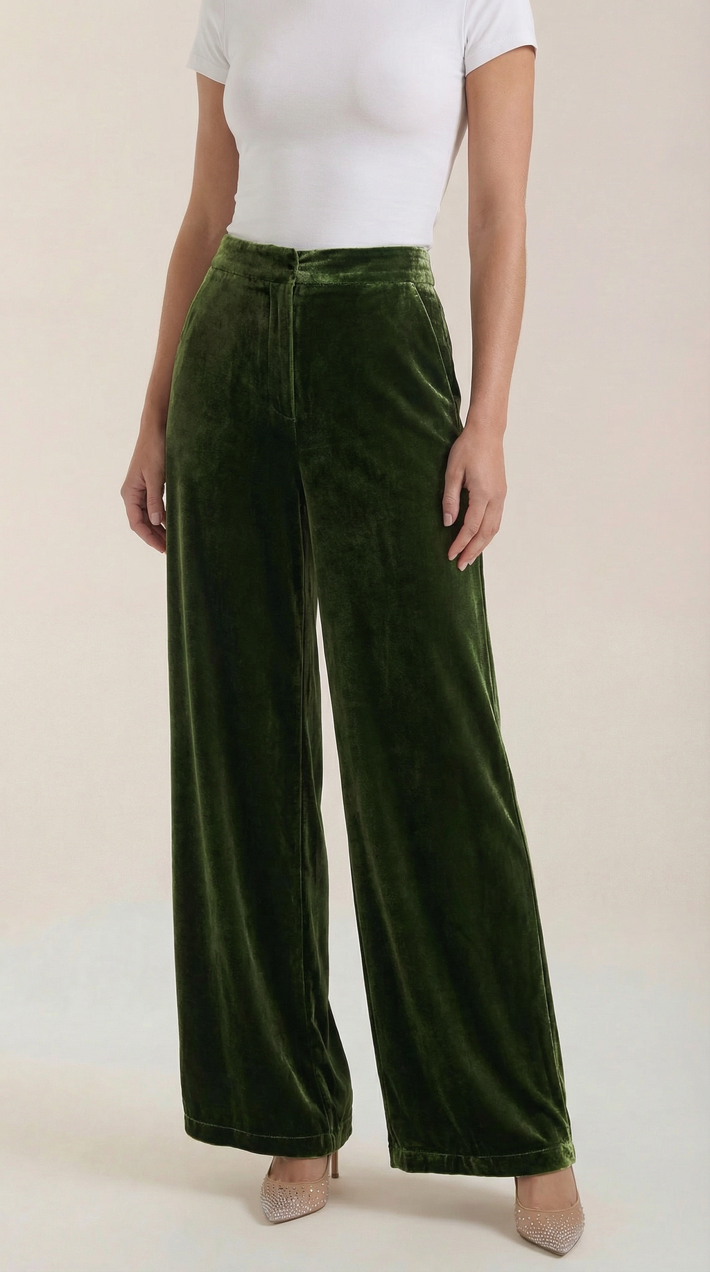 Green velvet wide-leg pants with high waist and flowing straight legs