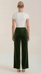Green velvet wide-leg pants back view with elastic waistband