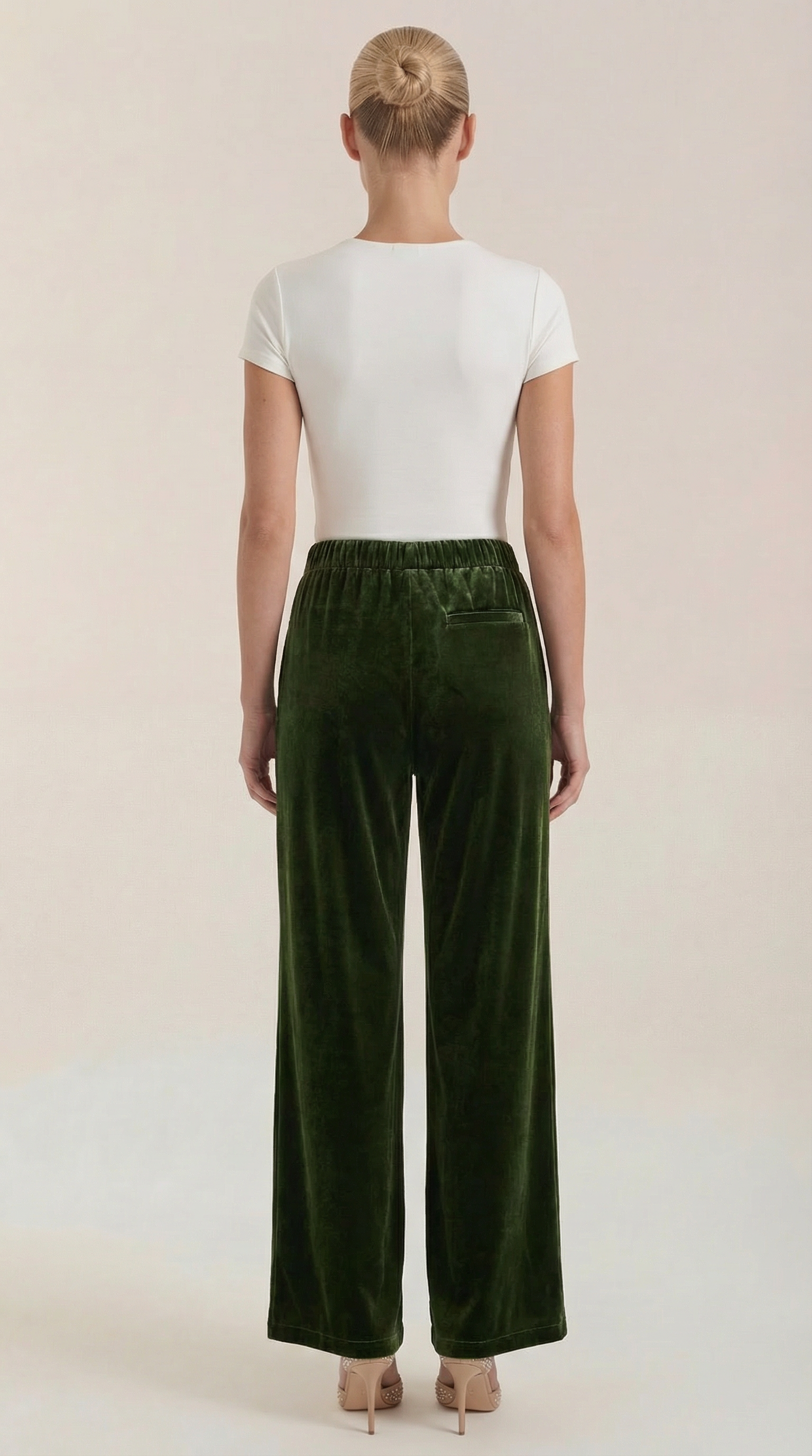 Green velvet wide-leg pants back view with elastic waistband