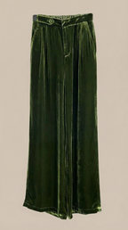 Green velvet wide-leg pants close-up with button front and pleated waist