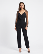 Black V-neck wide-leg jumpsuit with sheer dotted sleeves