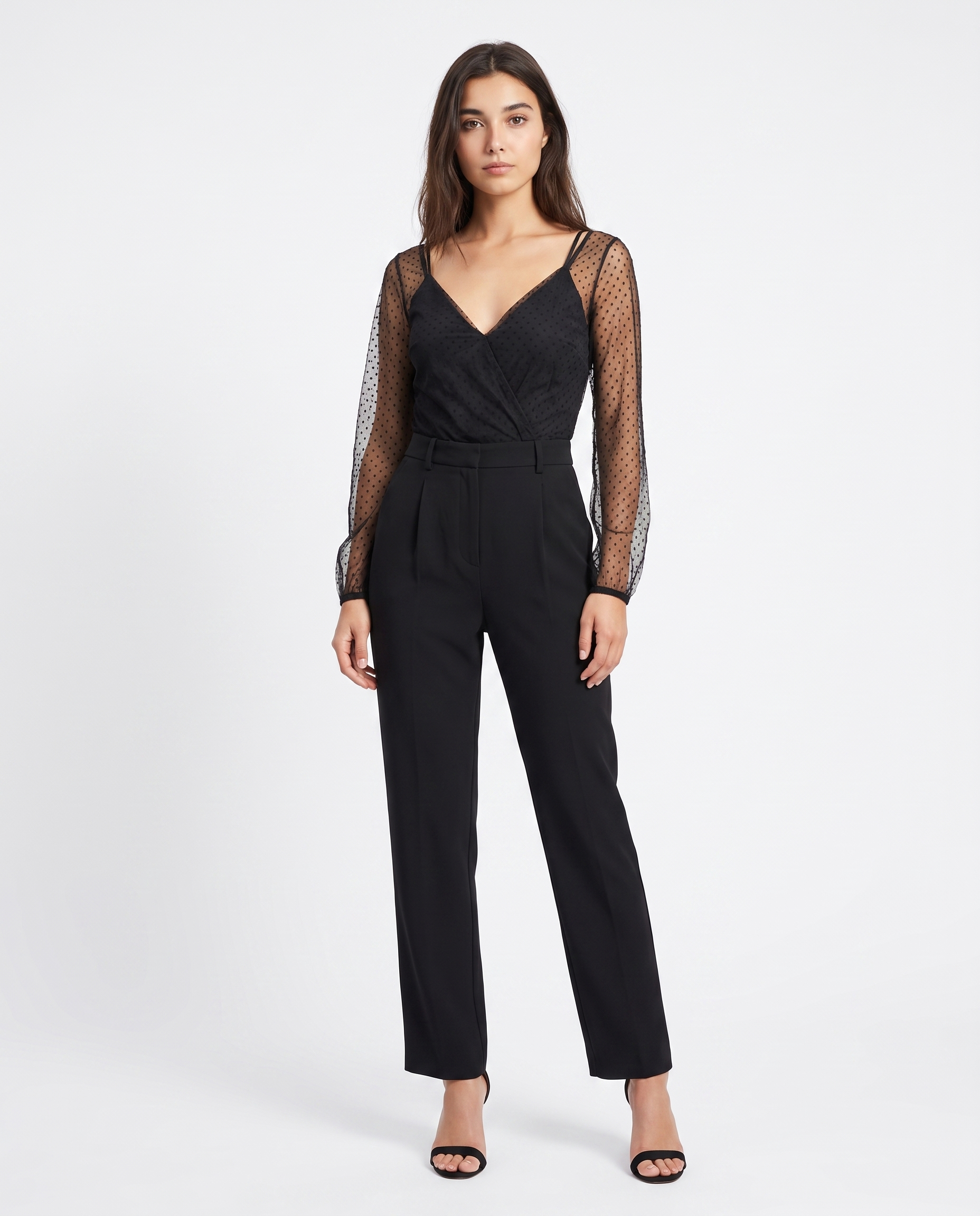 Black V-neck wide-leg jumpsuit with sheer dotted sleeves