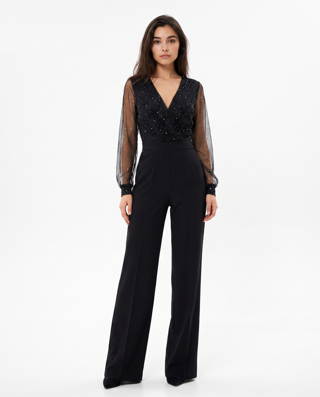 Black V-neck wide-leg jumpsuit with sheer dotted sleeves, full body