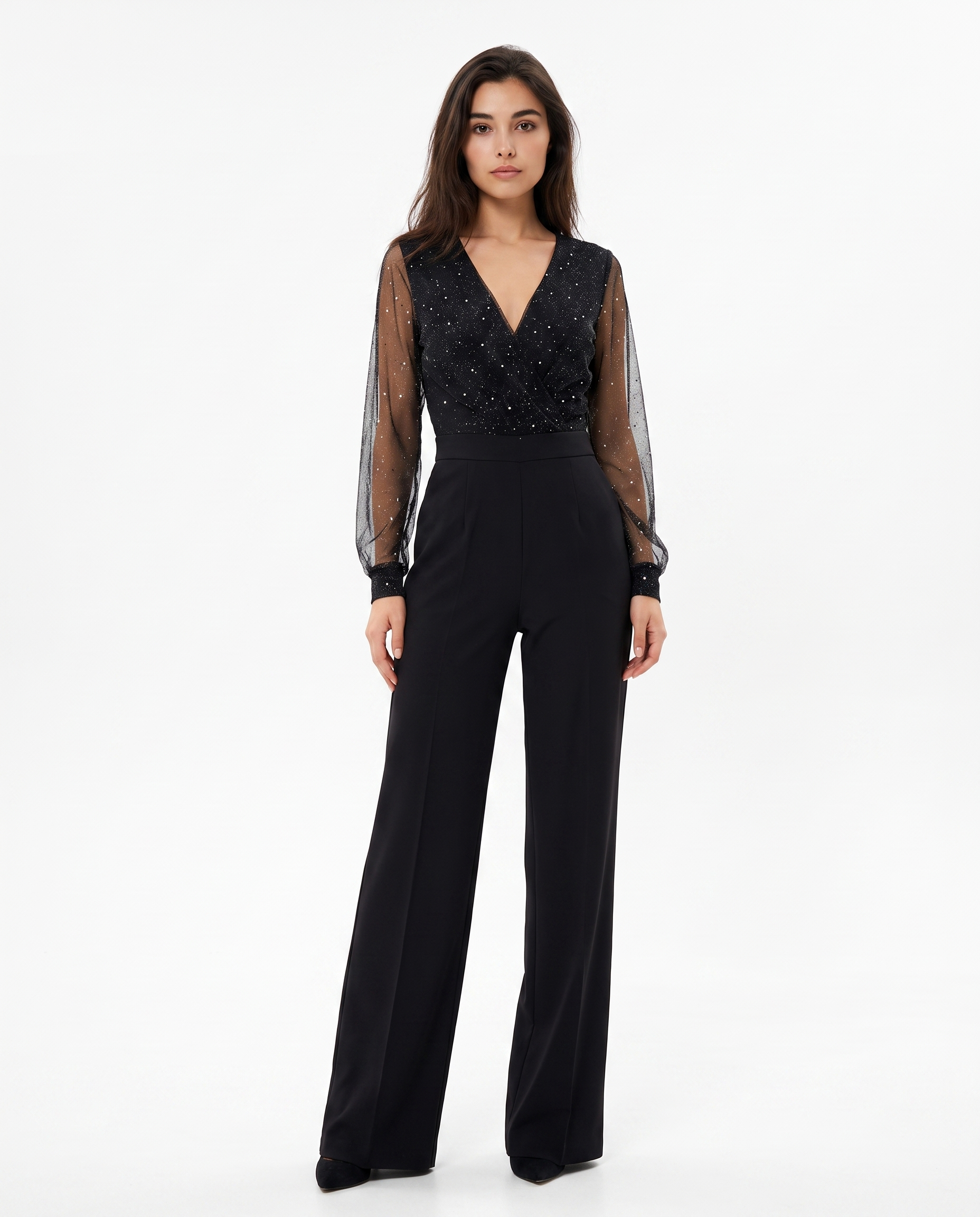 Black V-neck wide-leg jumpsuit with sheer dotted sleeves, full body