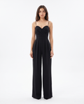 Women's black wide-leg jumpsuit with thin spaghetti straps and wrap-style bust