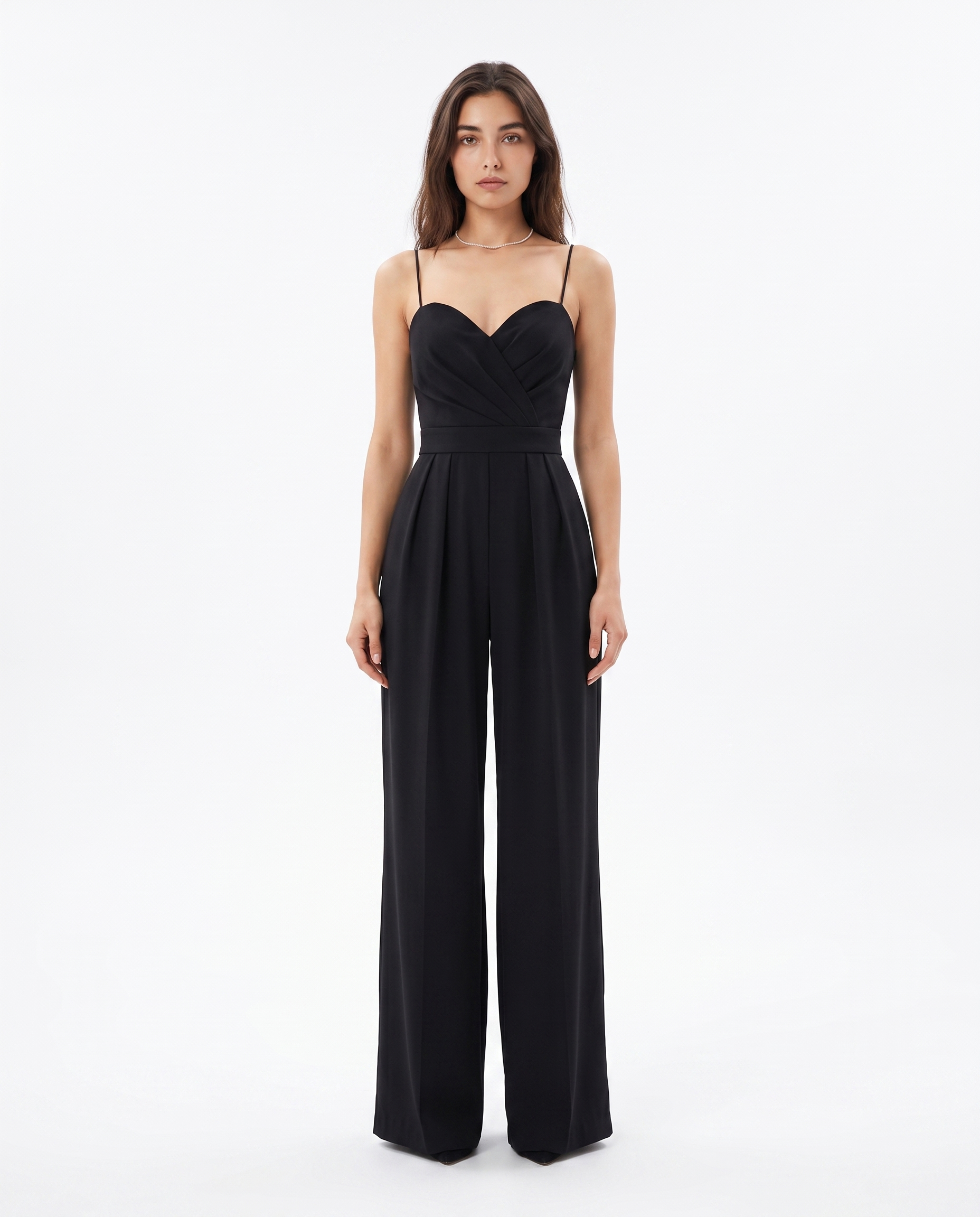 Women's black wide-leg jumpsuit with thin spaghetti straps and wrap-style bust