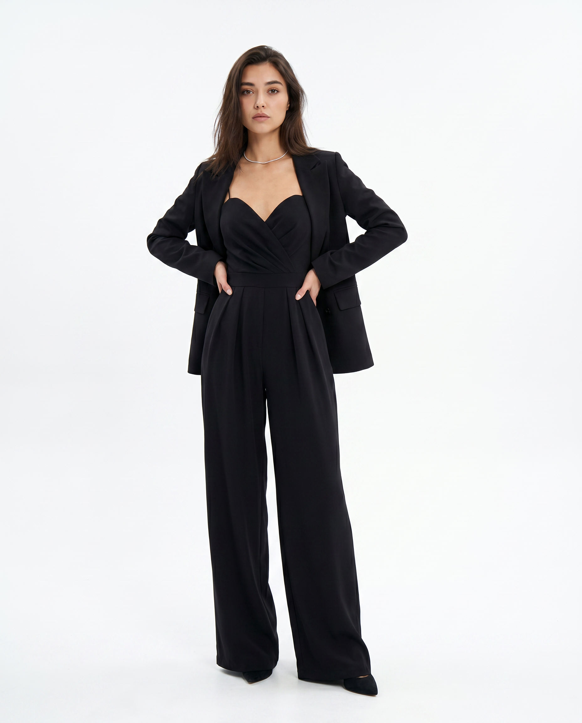 Women's black strappy wide-leg jumpsuit with sweetheart neckline and gathered waist