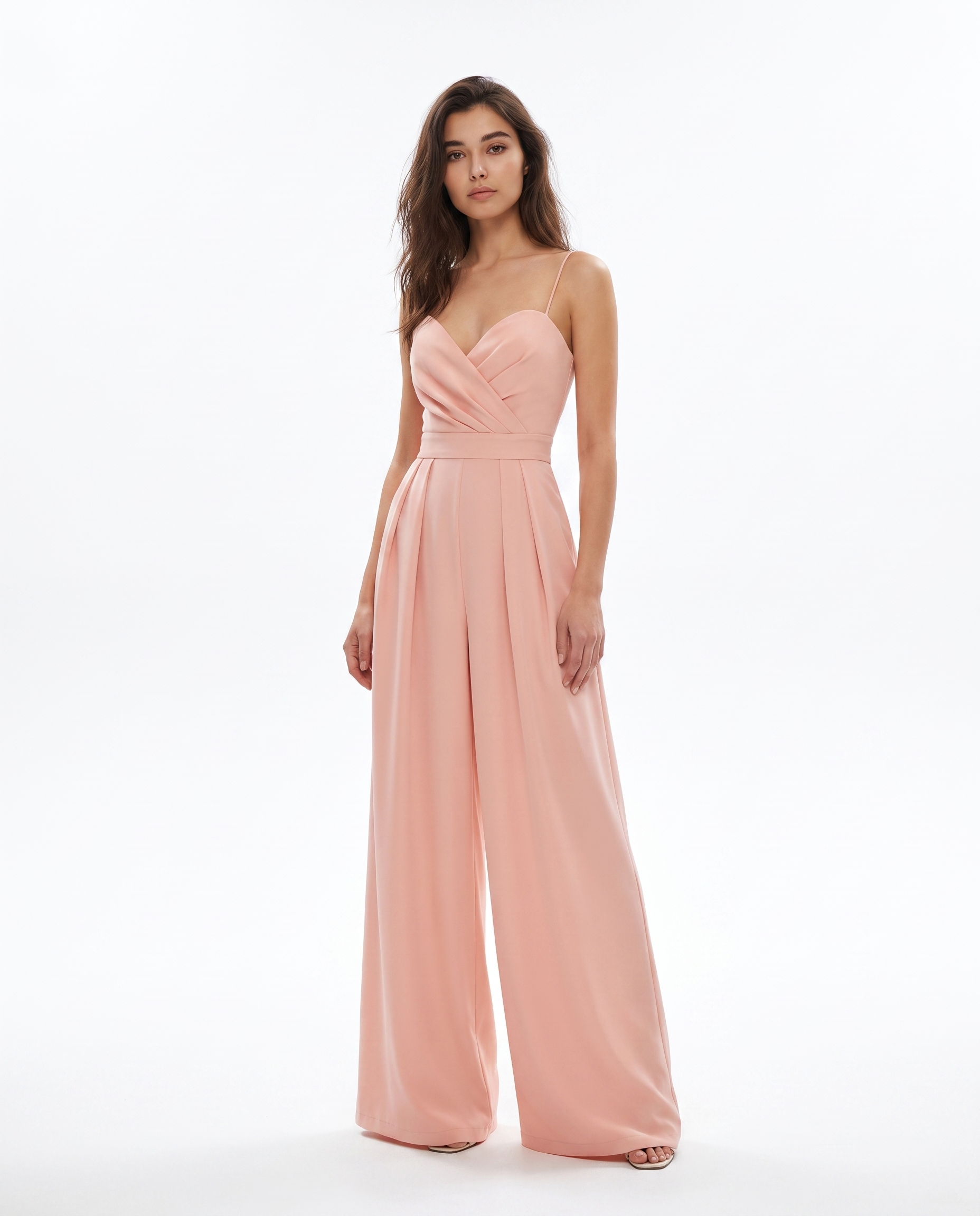 Women's apricot strappy wide-leg jumpsuit with sweetheart neckline and pleated waist
