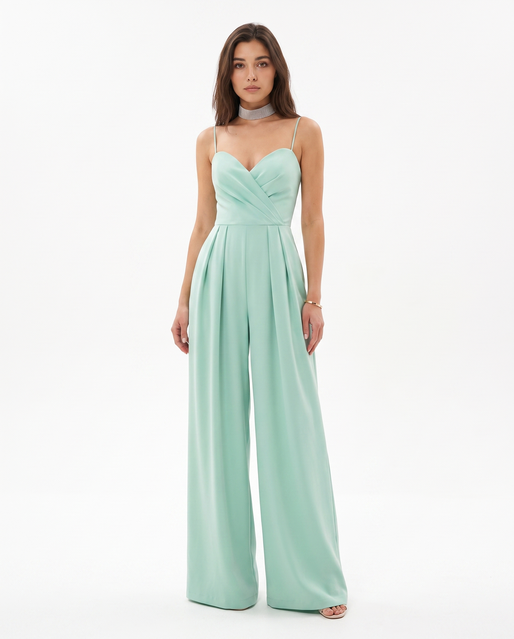 Women's turquoise strappy wide-leg jumpsuit with twist bust and flowy wide legs