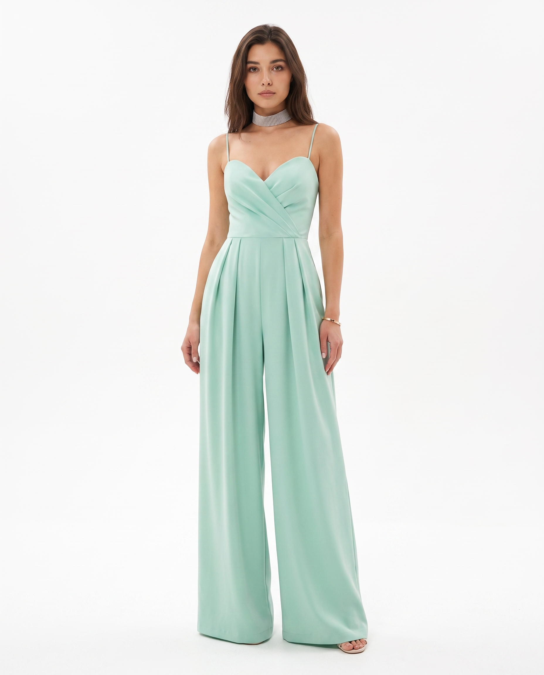 Women's turquoise strappy wide-leg jumpsuit with twist bust and flowy wide legs